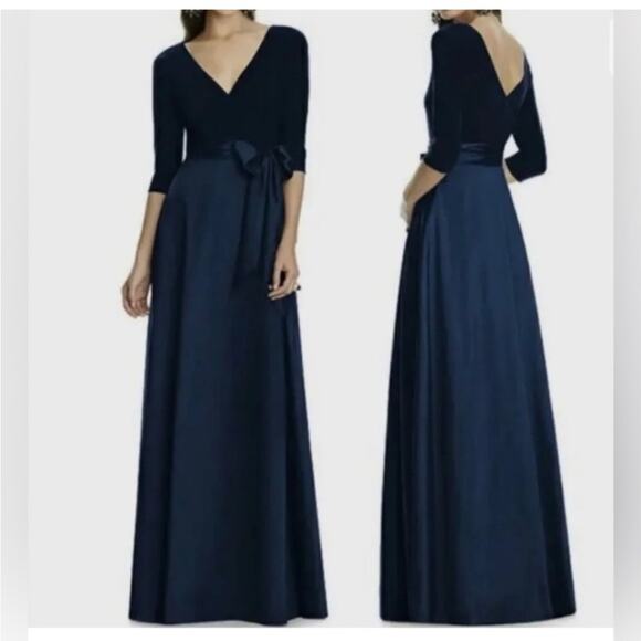 Alfred Sung navy blue jersey Mikado draped front formal maxi dress size 16 NWT - Picture 1 of 15